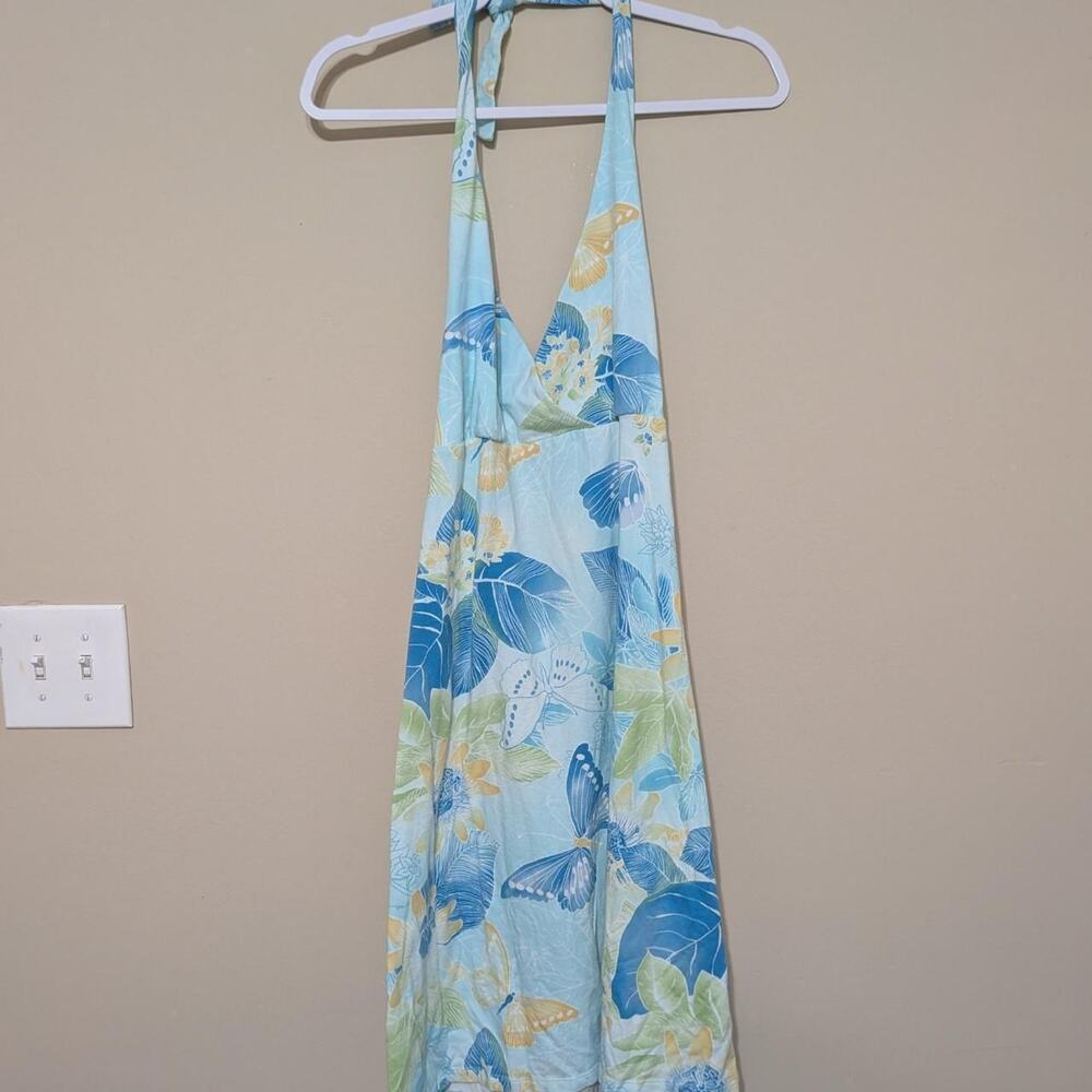 Caribbean Joe Coastal Girl Blue & Yellow Butterfly Leaf Print Halter Dress